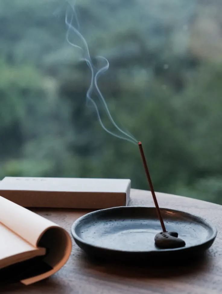 A lit incense stick in a dark ceramic dish beside an open book, green hills softly blurred beyond.
