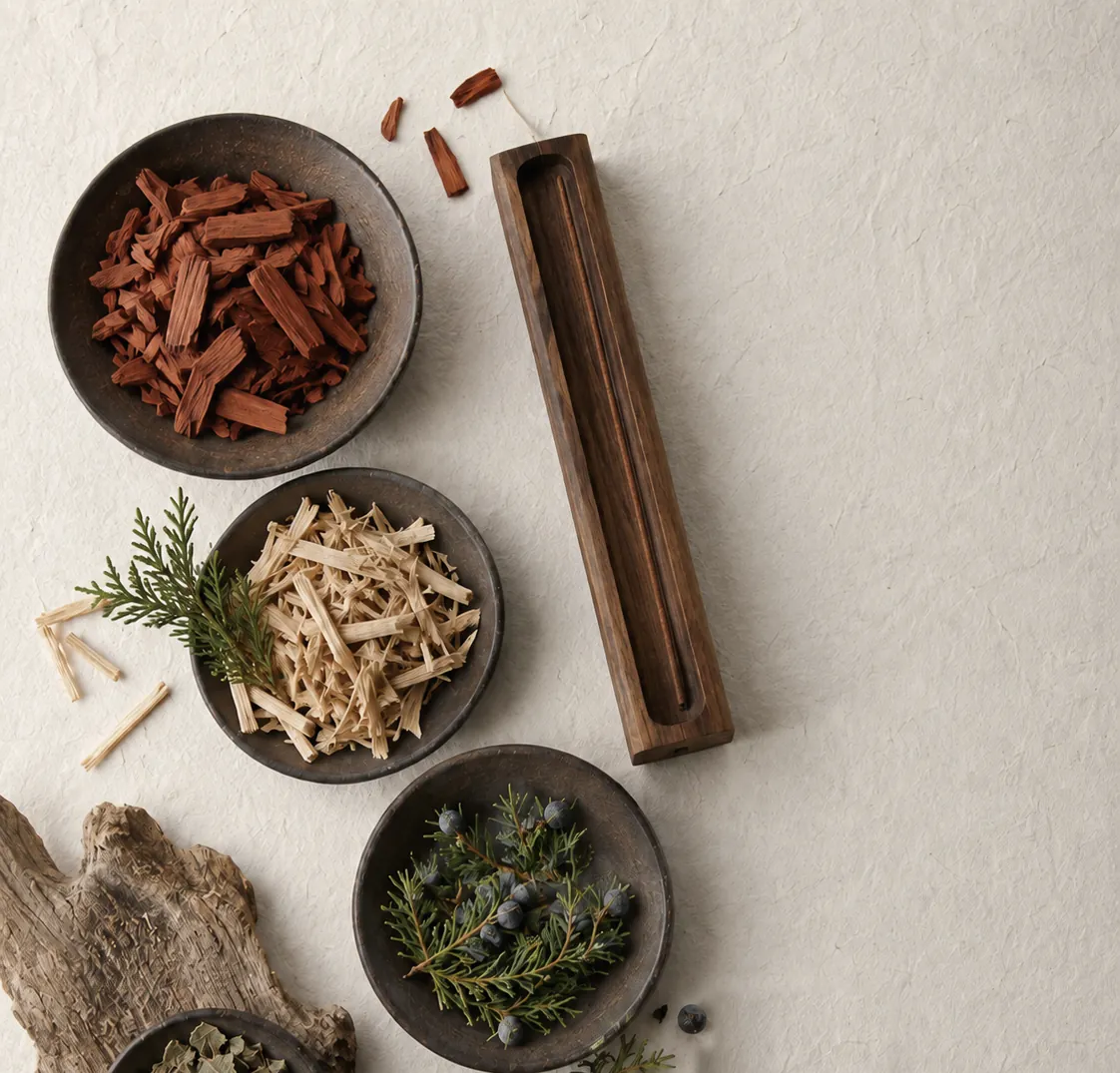 Small bowls of red sandalwood chips, pale wood shavings and juniper sprigs with berries beside a wooden incense holder.