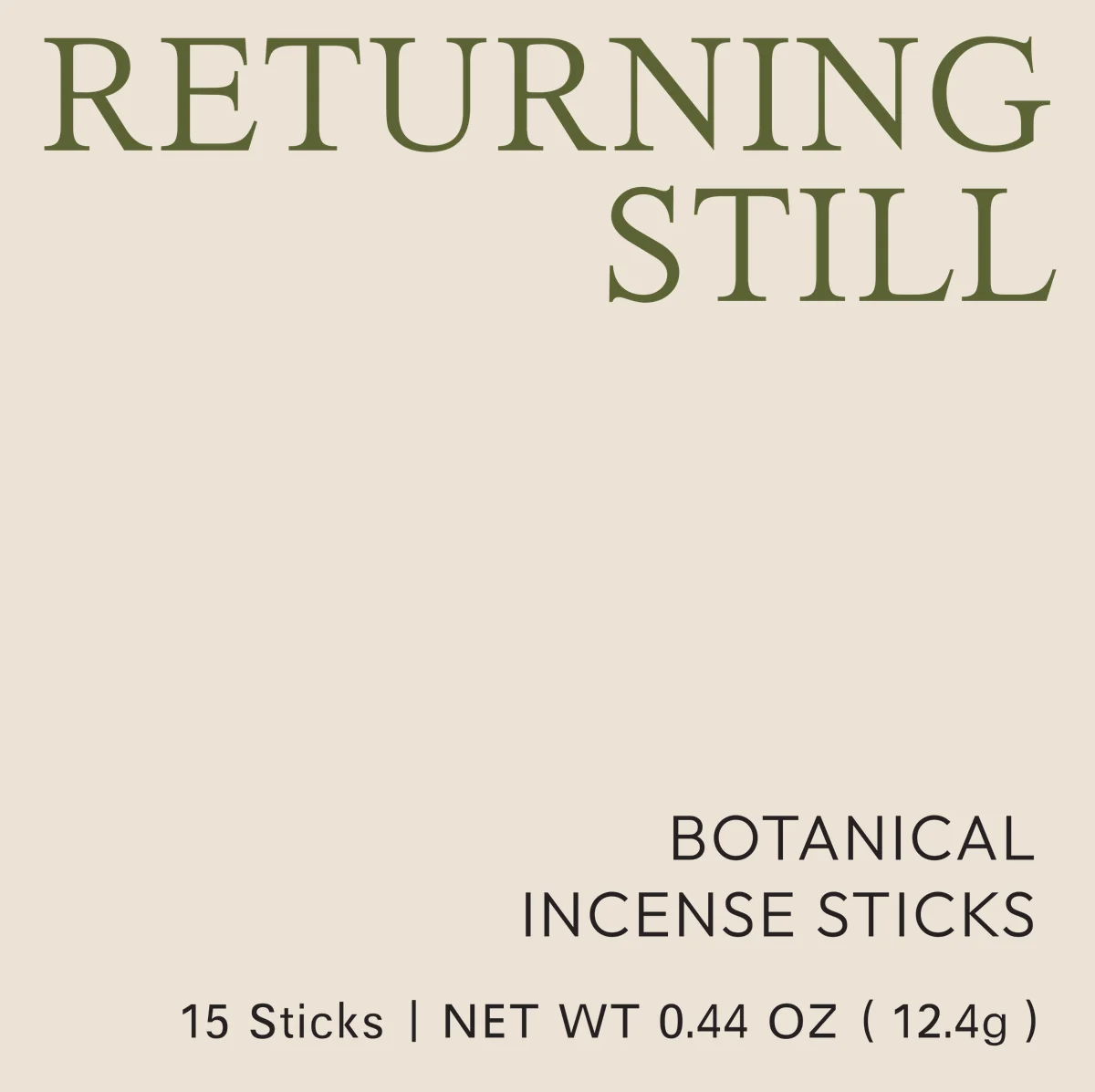 The front of the Returning Still box: Botanical Incense Sticks, 15 sticks, net weight 0.44 oz (12.4 g).